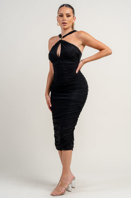 Halter Neck Trim Inset Ruched Bodycon Mini Dress