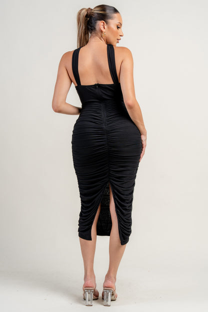 Back of Halter Neck Trim Inset Ruched Bodycon Mini Dress