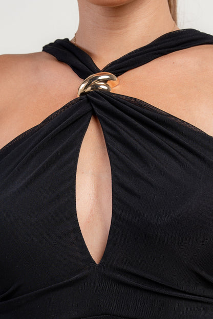 Close up of Halter Neck Trim Inset Ruched Bodycon Mini Dress