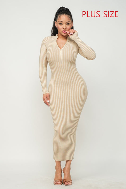 Woman wearing a cream ribbed dress on a white background with 'Plus Size' text.