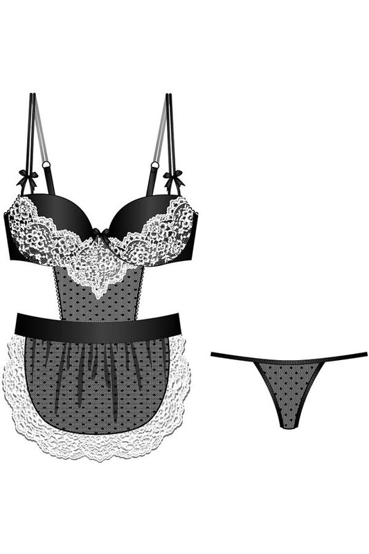 Black and white lingerie set with lace details on a white background