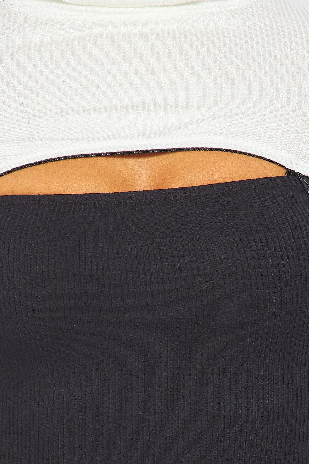 Close up of Contrast Cutout Turtleneck Bodycon Dress on a model 