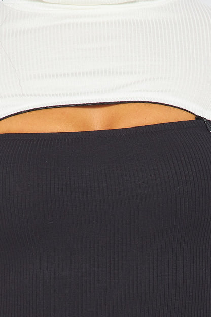 Close up of Contrast Cutout Turtleneck Bodycon Dress on a model 
