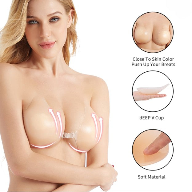 A woman wearing a silicone bra with pink arrows indicating shape support, alongside three circular inset diagrams showing close-up views of the cup, DEEP V Cup shape, and soft material detail.