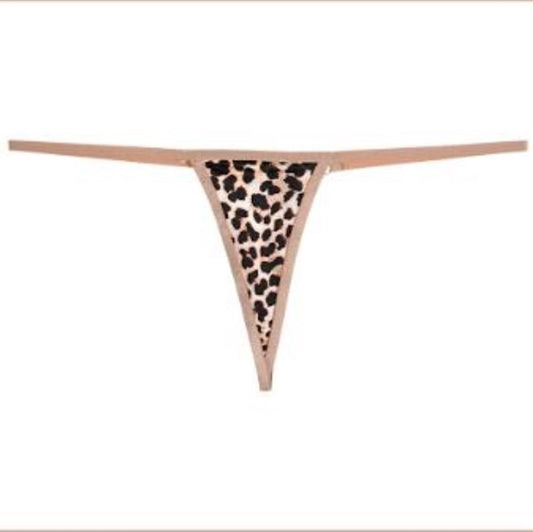 A thong-style bikini bottom with a leopard print pattern in beige, brown, and black, featuring a thin nude-colored waistband, shown against a plain white background.