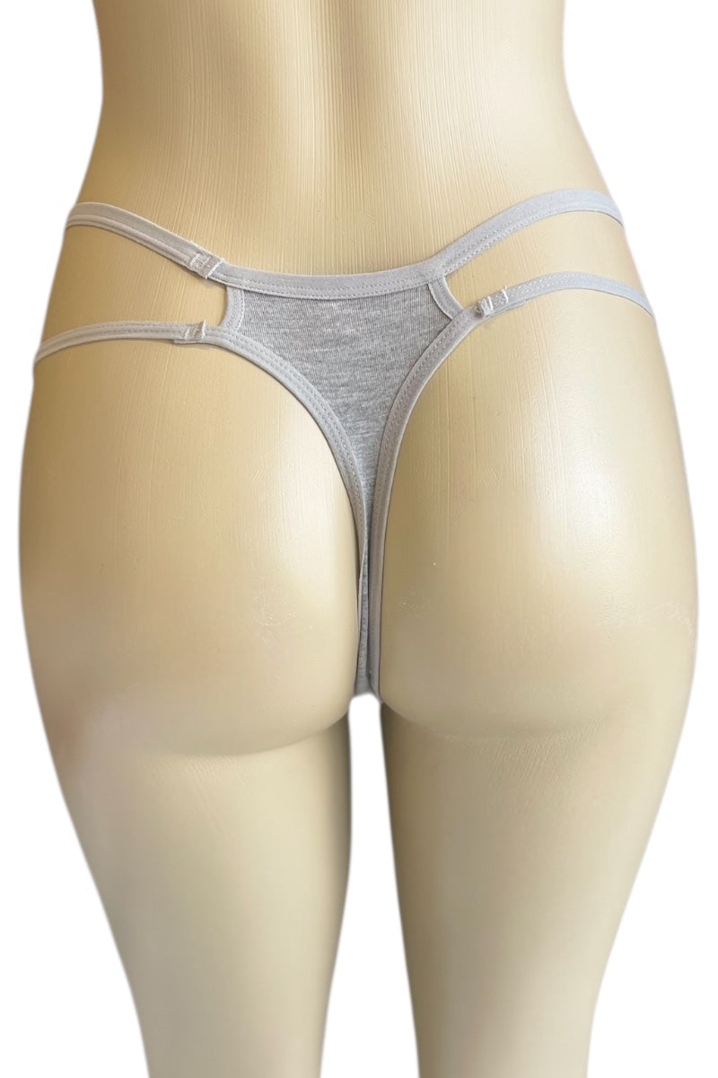 Gray thong on a mannequin against a white background