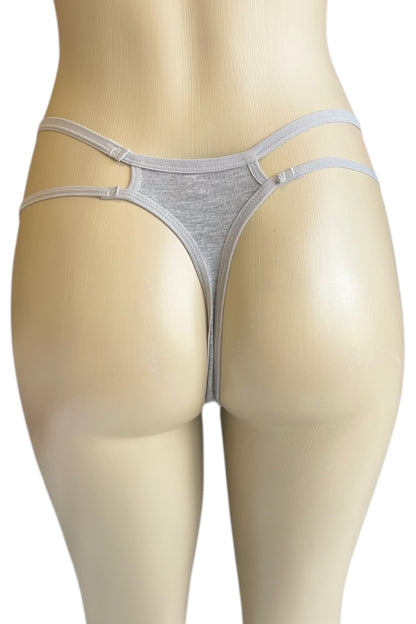 Gray thong on a mannequin against a white background