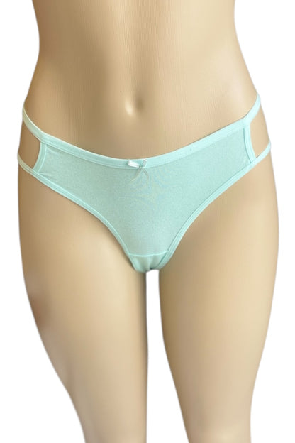 Mint thong underwear on a mannequin against a white background