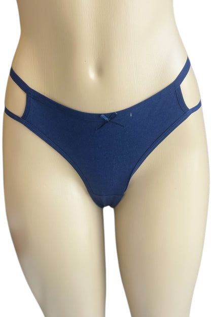 Navy Blue thong on a mannequin against a white background