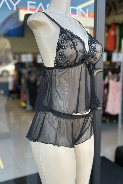 2 Piece Sequin Tank Top and Mesh Shorts Lingerie Set - Black