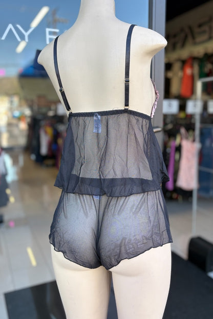 2 Piece Sequin Tank Top and Mesh Shorts Lingerie Set - Rose