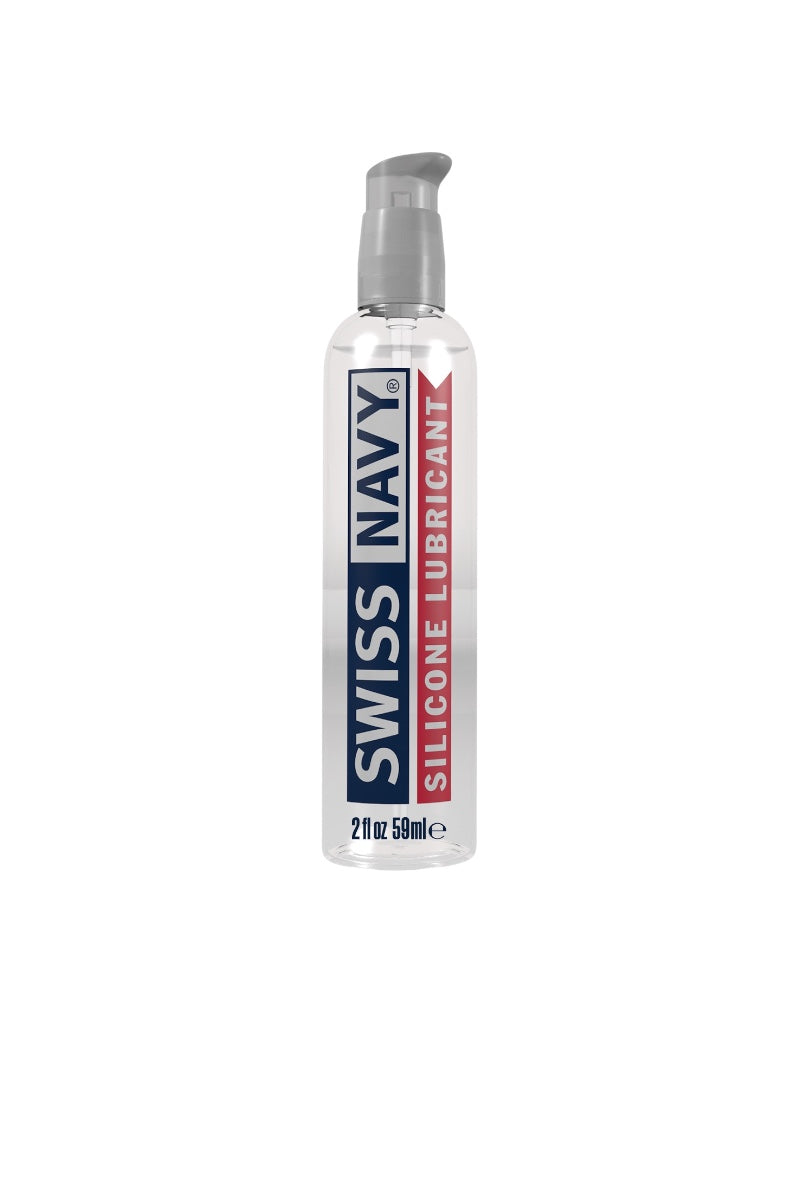 Bottle of Swiss Navy silicone lubricant on a white background