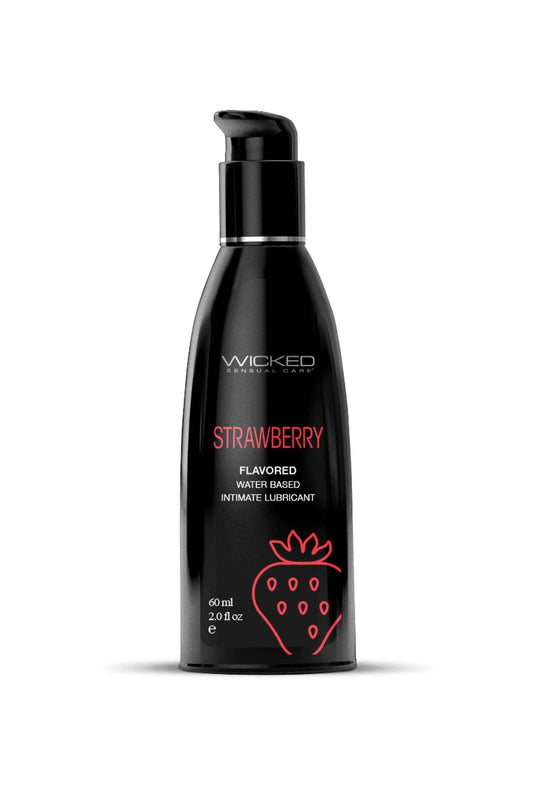 Black bottle of Wicked Strawberry flavored intimate lubricant on a white background