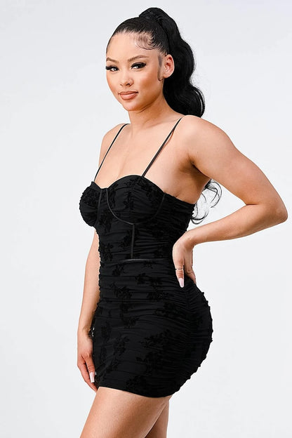 Lux Mesh Velvet Lily Flocking Contrast Bodycon Dress - Black