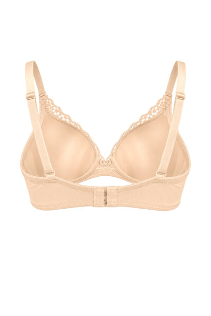 A light beige underwire bra with adjustable straps and a delicate lace trim along the cups, shown against a plain white background.