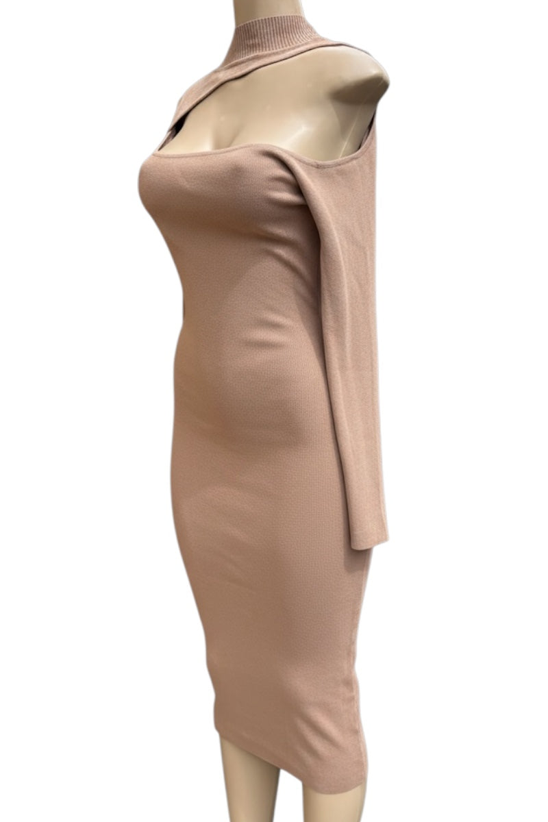 Beige dress on a mannequin against a white background