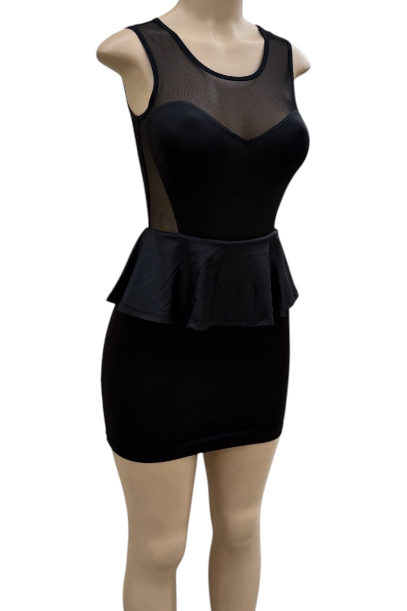 Black dress with peplum waist on a mannequin against a white background