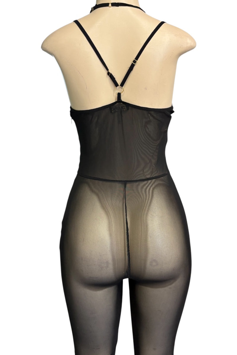 Black sheer mesh bodysuit with a halter-style back strap design, shown from the back on a mannequin torso against a white background.