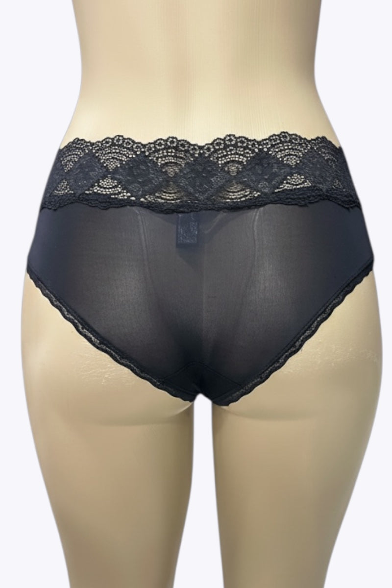 Black lace-trimmed underwear on a mannequin against a white background