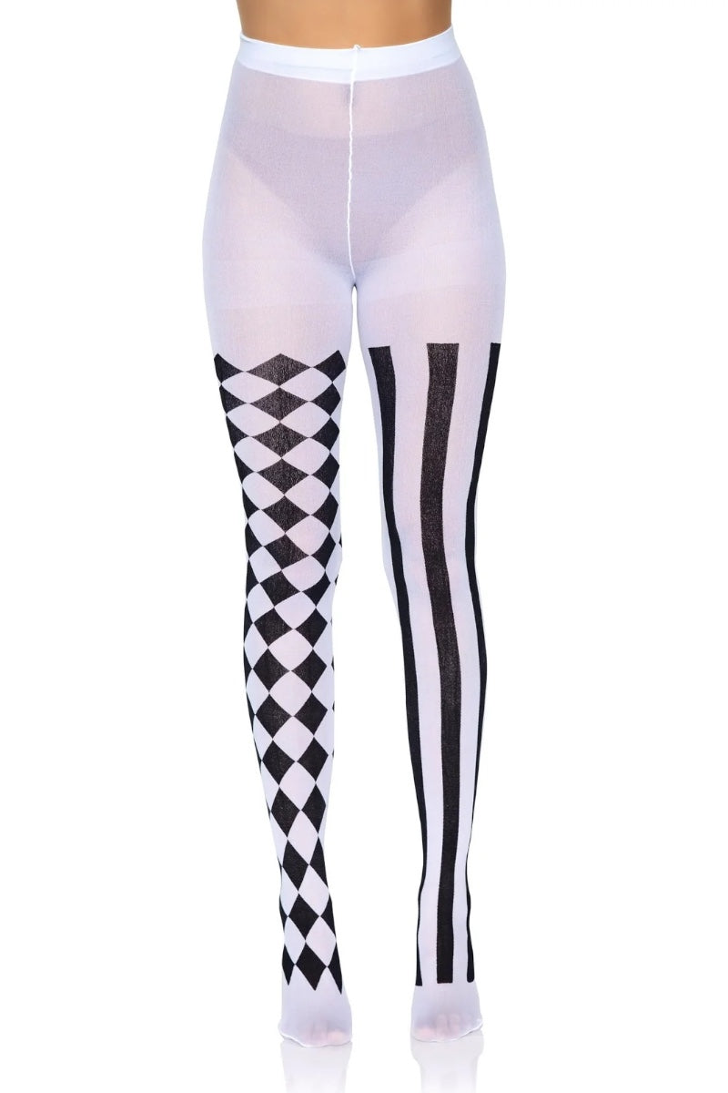White sheer fishnet tights with a black and white harlequin diamond pattern on one leg and black and white vertical stripes on the other leg, shown on a model from the waist down against a white background.
