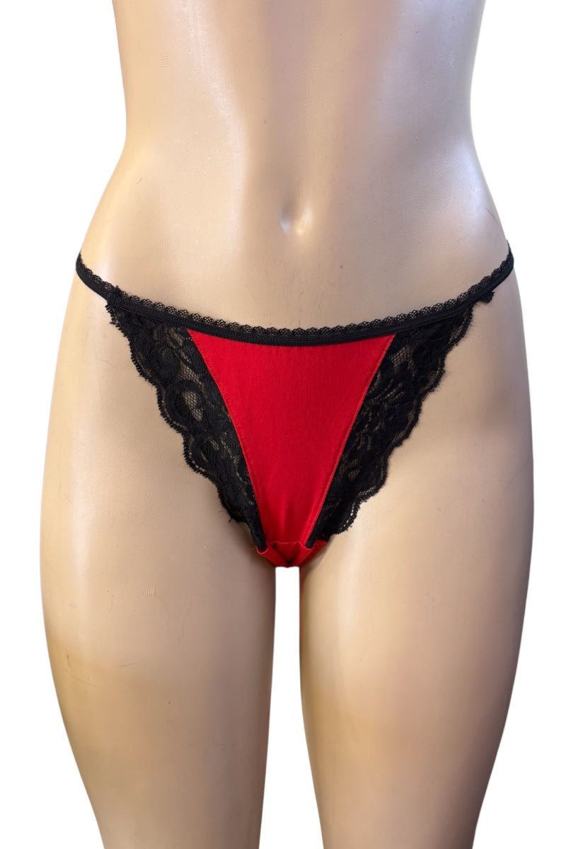 Red and black lace thong underwear displayed on a beige mannequin torso against a plain white background.