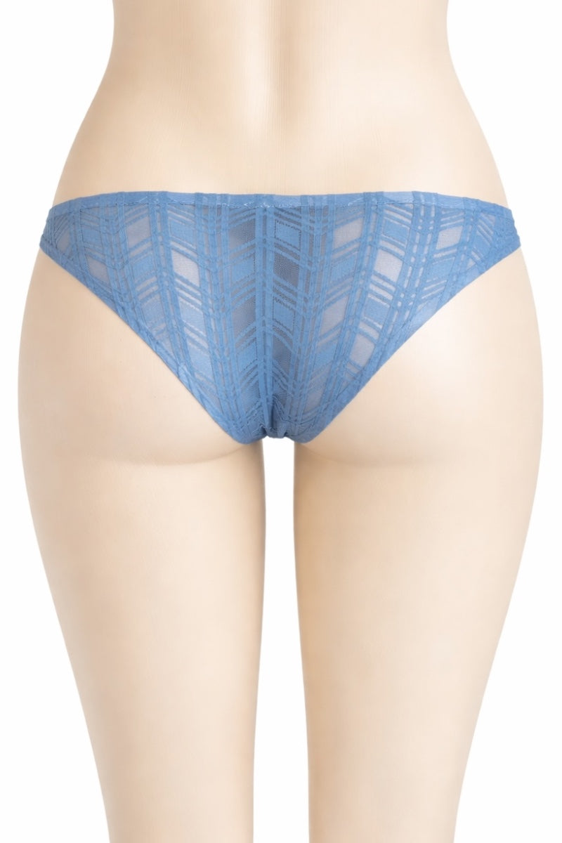 Blue lace underwear on a mannequin against a white background