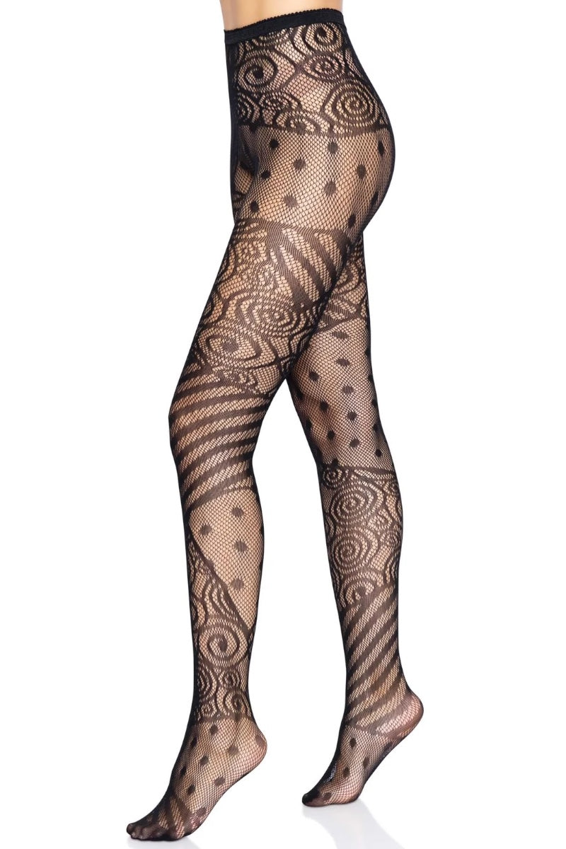 Black sheer patterned tights with swirl and dotted lace designs, shown on a model's legs against a white background.