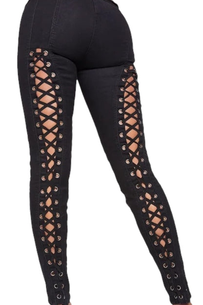 Black Jeans with lace-up side panels on a white background