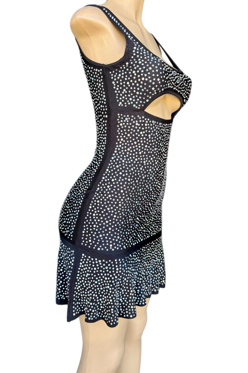 Black rhinestone patterned dress on a mannequin against a white background