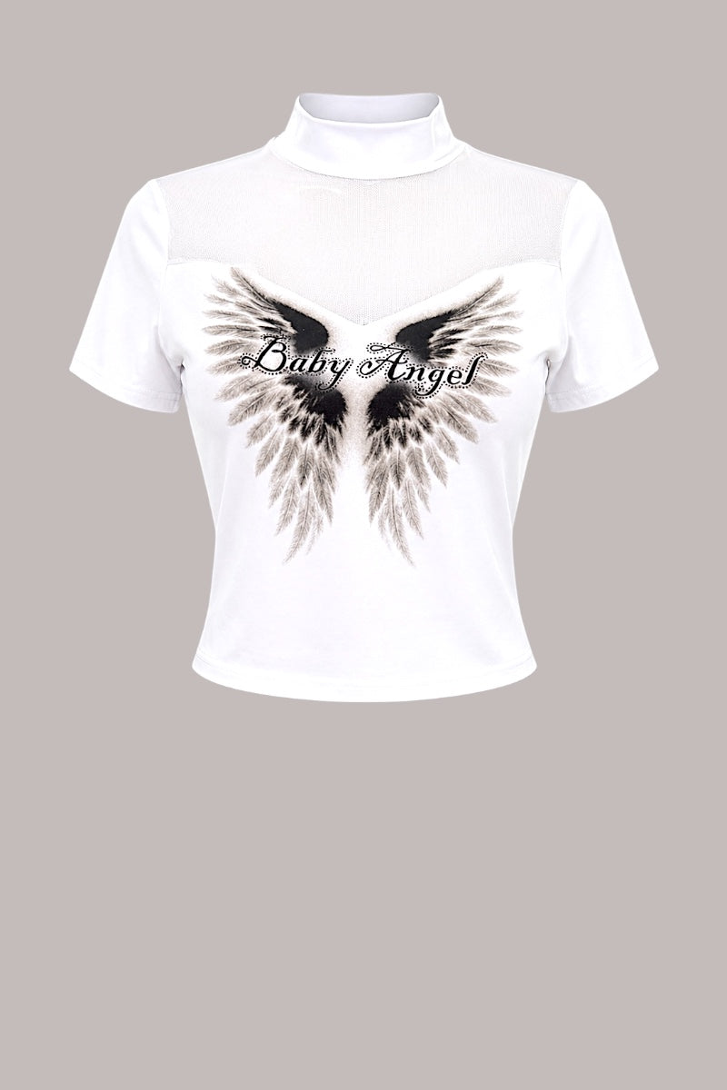 White crop top with sheer mesh and black angel wings design on a neutral background.
