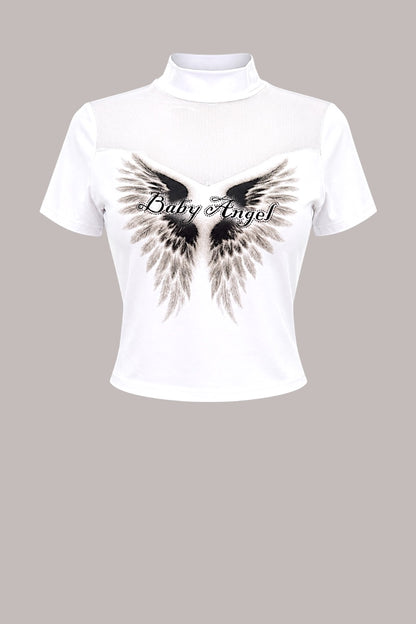 White crop top with sheer mesh and black angel wings design on a neutral background.