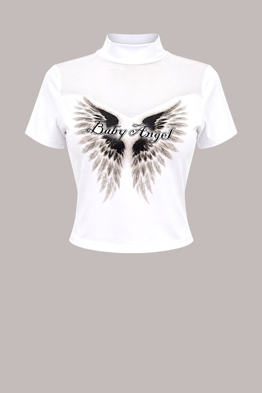 White crop top with sheer mesh and black angel wings design on a neutral background.