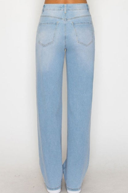 Light wash blue straight-leg jeans shown from the back on a model, featuring a five-pocket design and a faded wash effect.