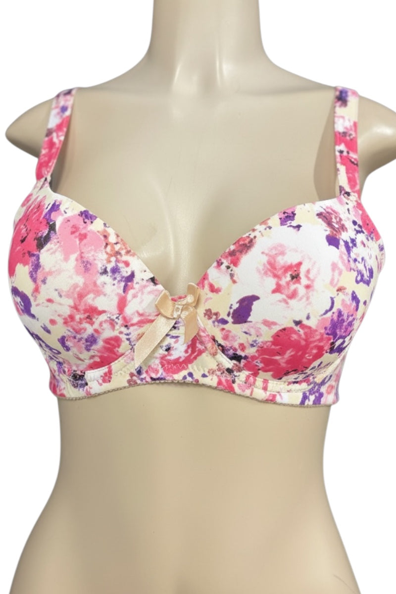 Floral-patterned bra on a mannequin with a white background
