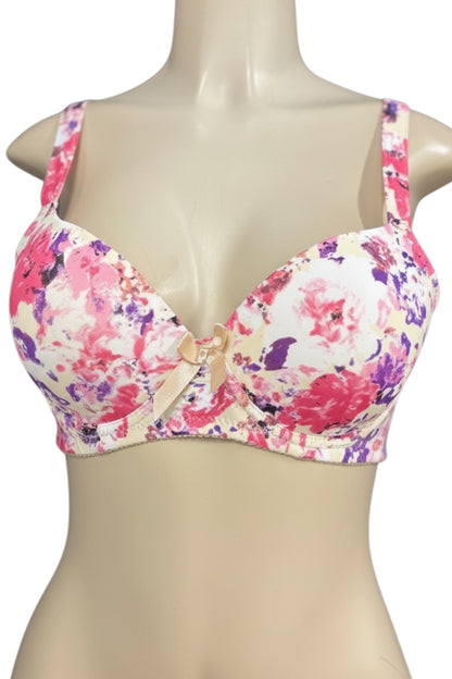 Floral-patterned bra on a mannequin with a white background