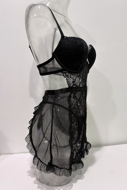 Black lace and sheer mesh babydoll lingerie displayed on a clear mannequin torso against a plain white background.