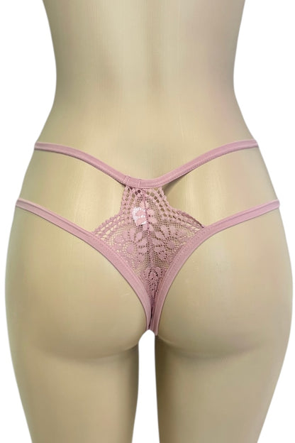 Pink lace thong on a mannequin against a white background