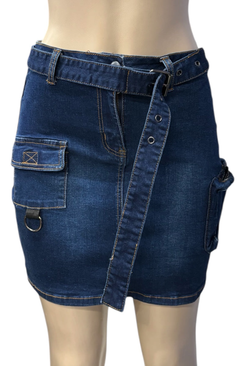 Blue denim cargo shorts on a mannequin with a white background