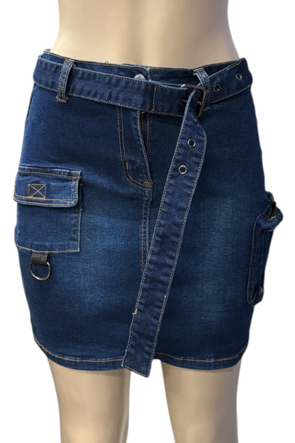 Blue denim cargo shorts on a mannequin with a white background