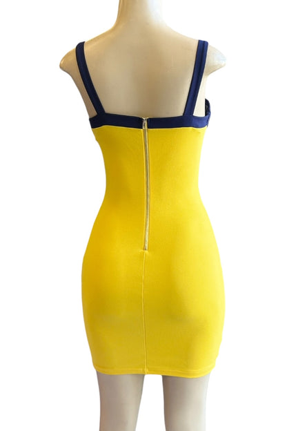 Yellow dress with navy straps on a mannequin against a white background