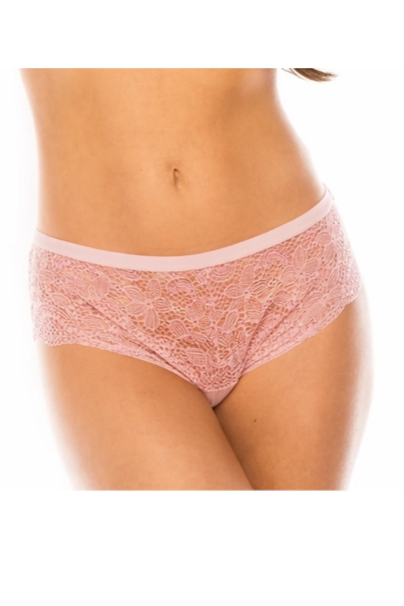 Pink lace underwear worn by a person on a white background
