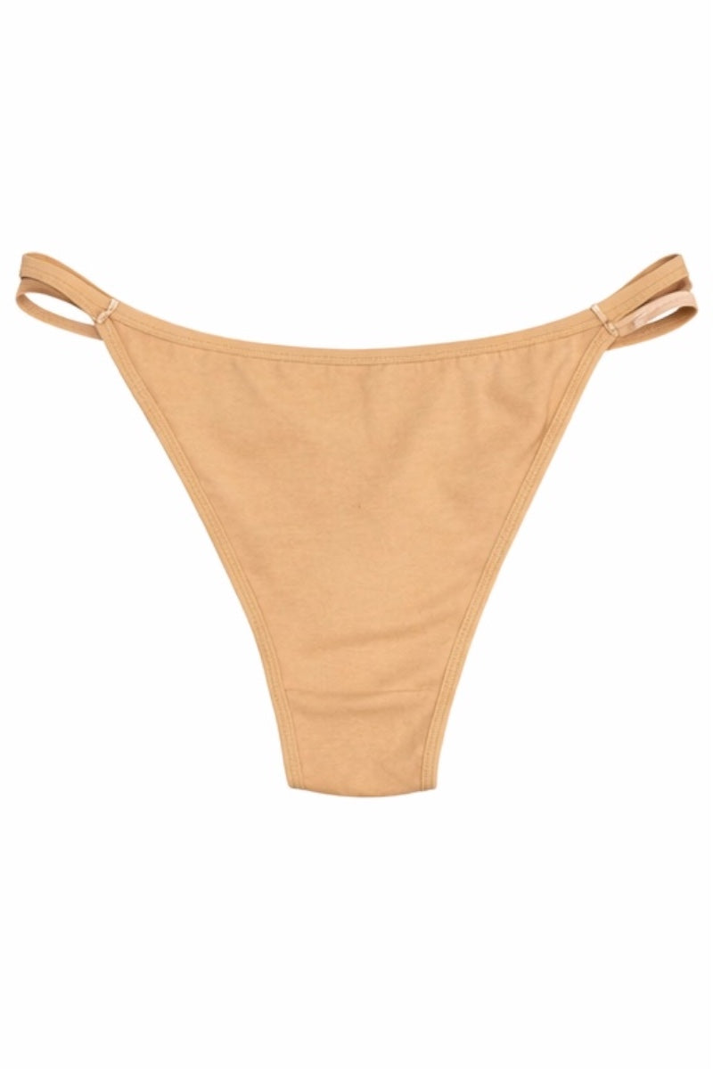 beige bikini bottom with thin straps on a white background