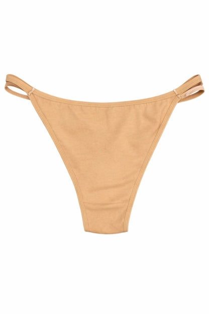 beige bikini bottom with thin straps on a white background