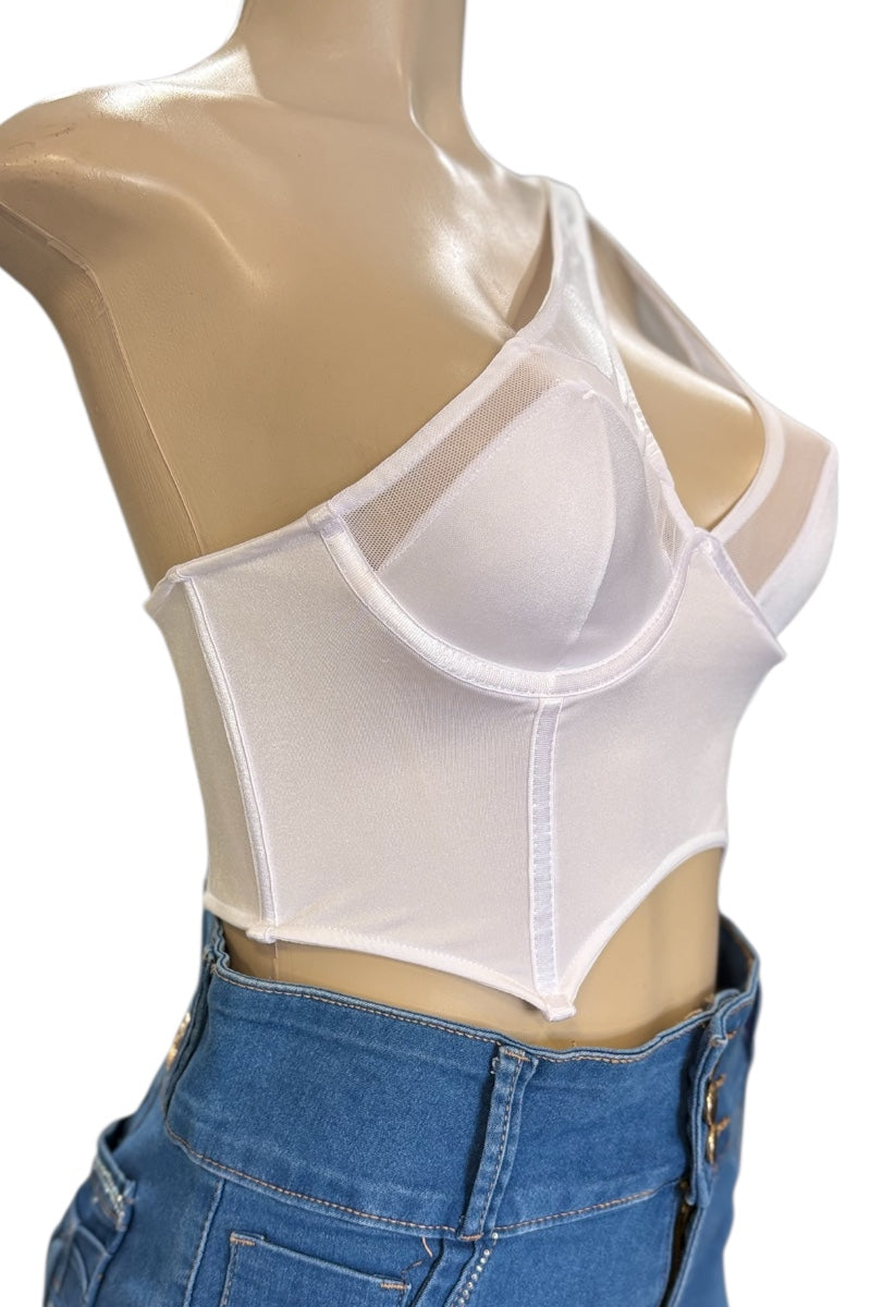 White mesh top worn by a mannequin on a white background