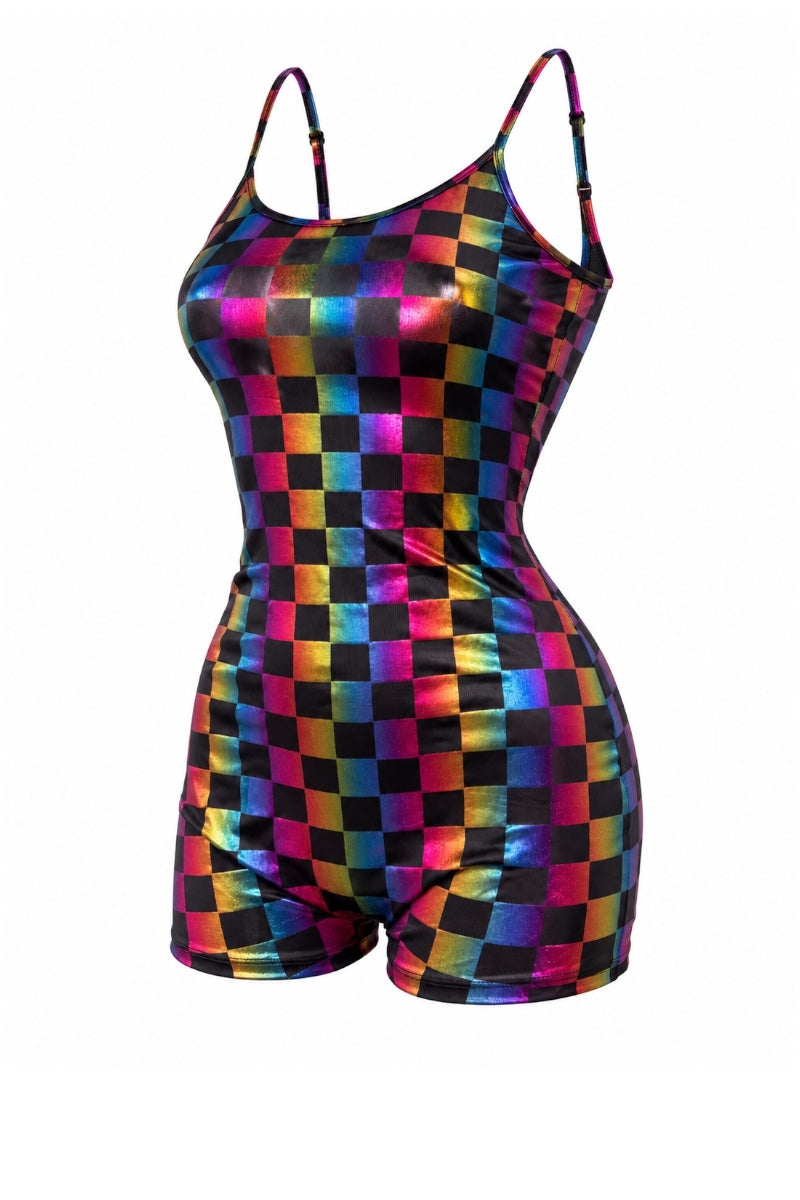A one-piece romper with a vibrant, metallic holographic checkerboard pattern on a plain white background.