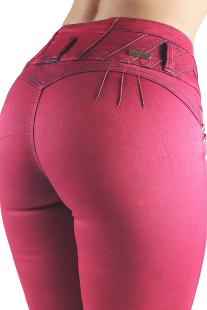 Red jeans with a focus on the back pocket and waistband.