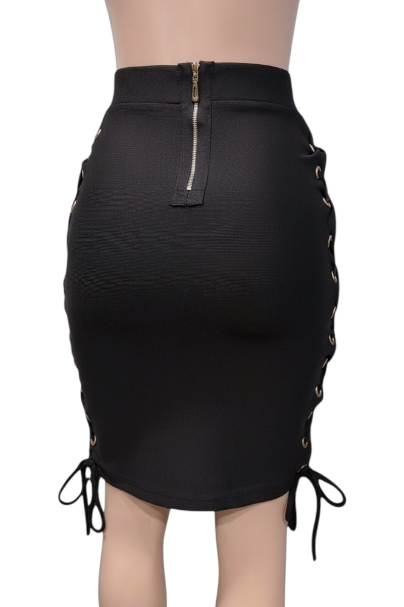 Black lace-up skirt with zipper detail on a white background