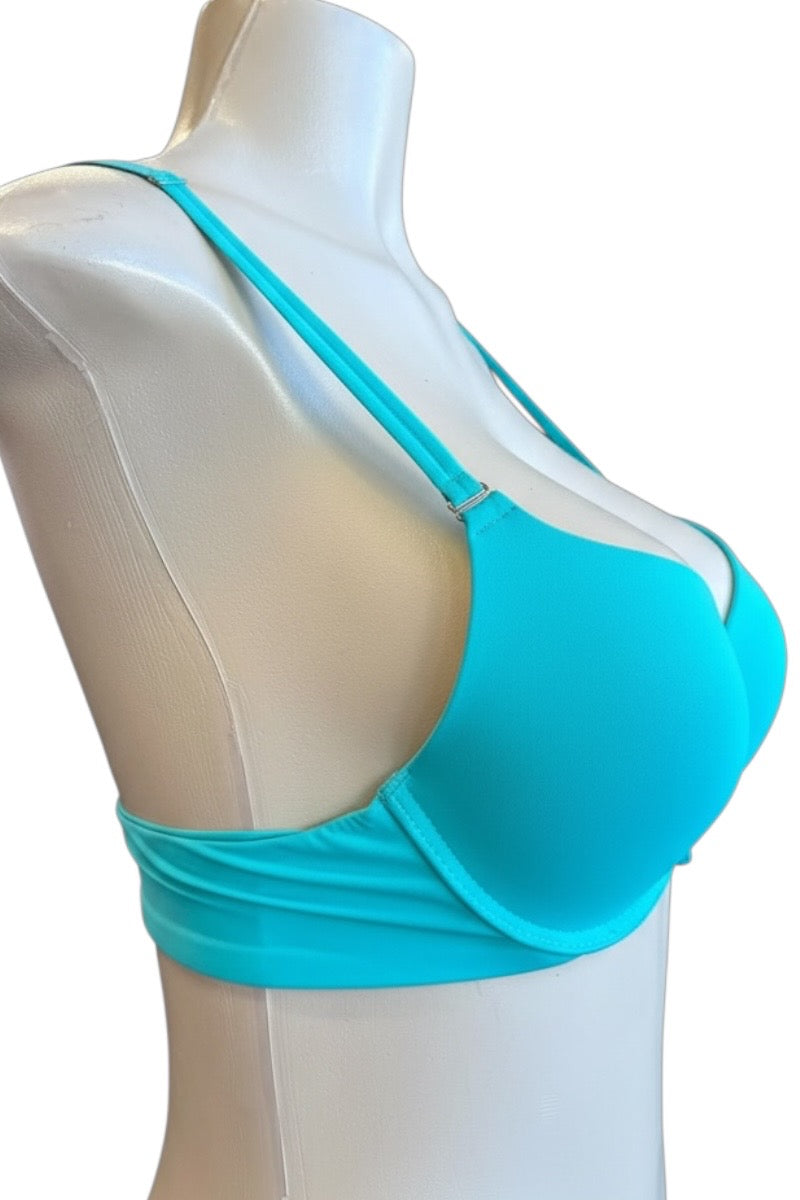 Turquoise bra on a mannequin against a white background