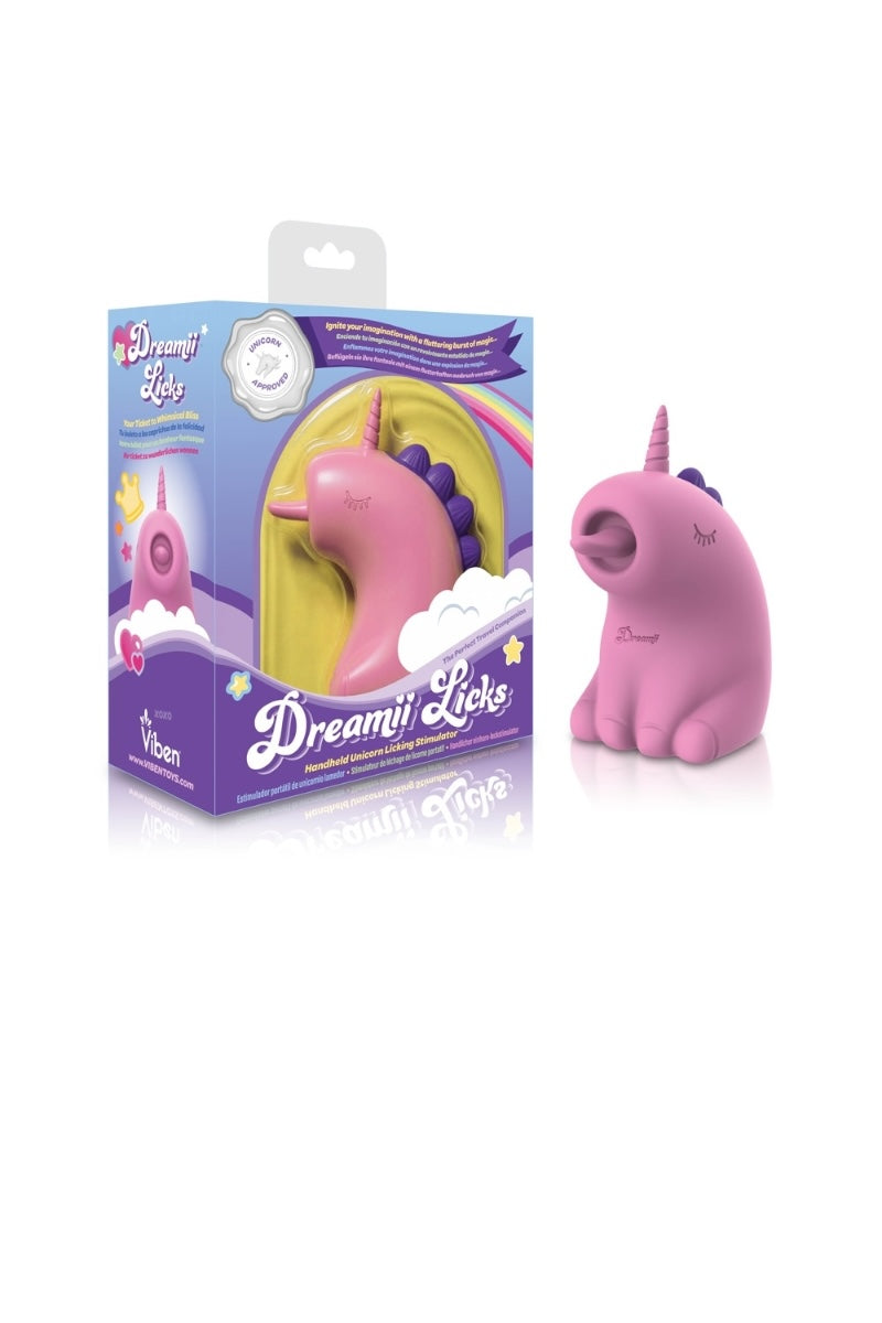 Pink unicorn-shaped toy with packaging on a white background