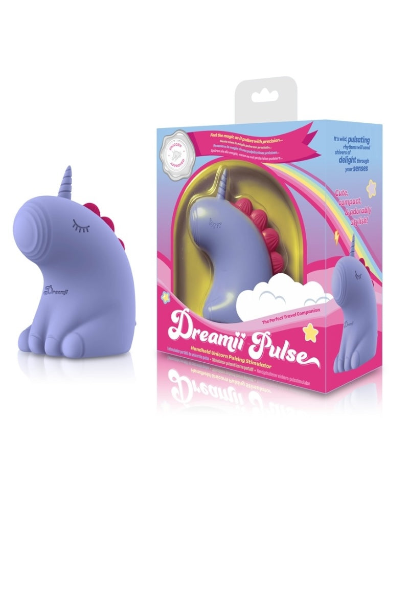 Purple unicorn-shaped device with packaging on a white background